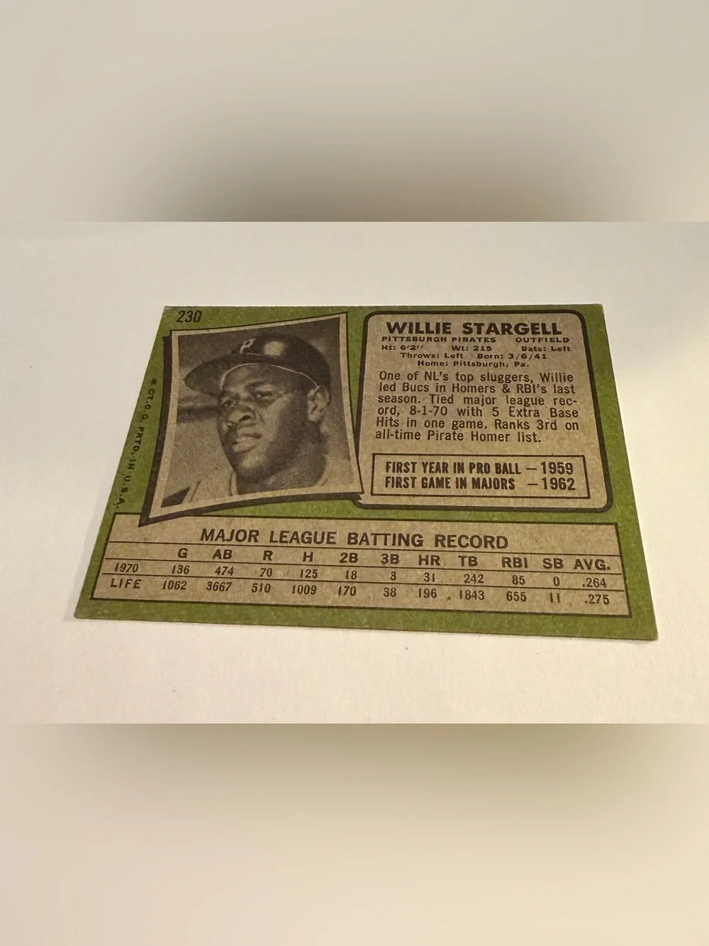 Willie Stargell 1971 Topps Baseball Card #230 Pittsburgh Pirates Vintage - Picture 2 of 3